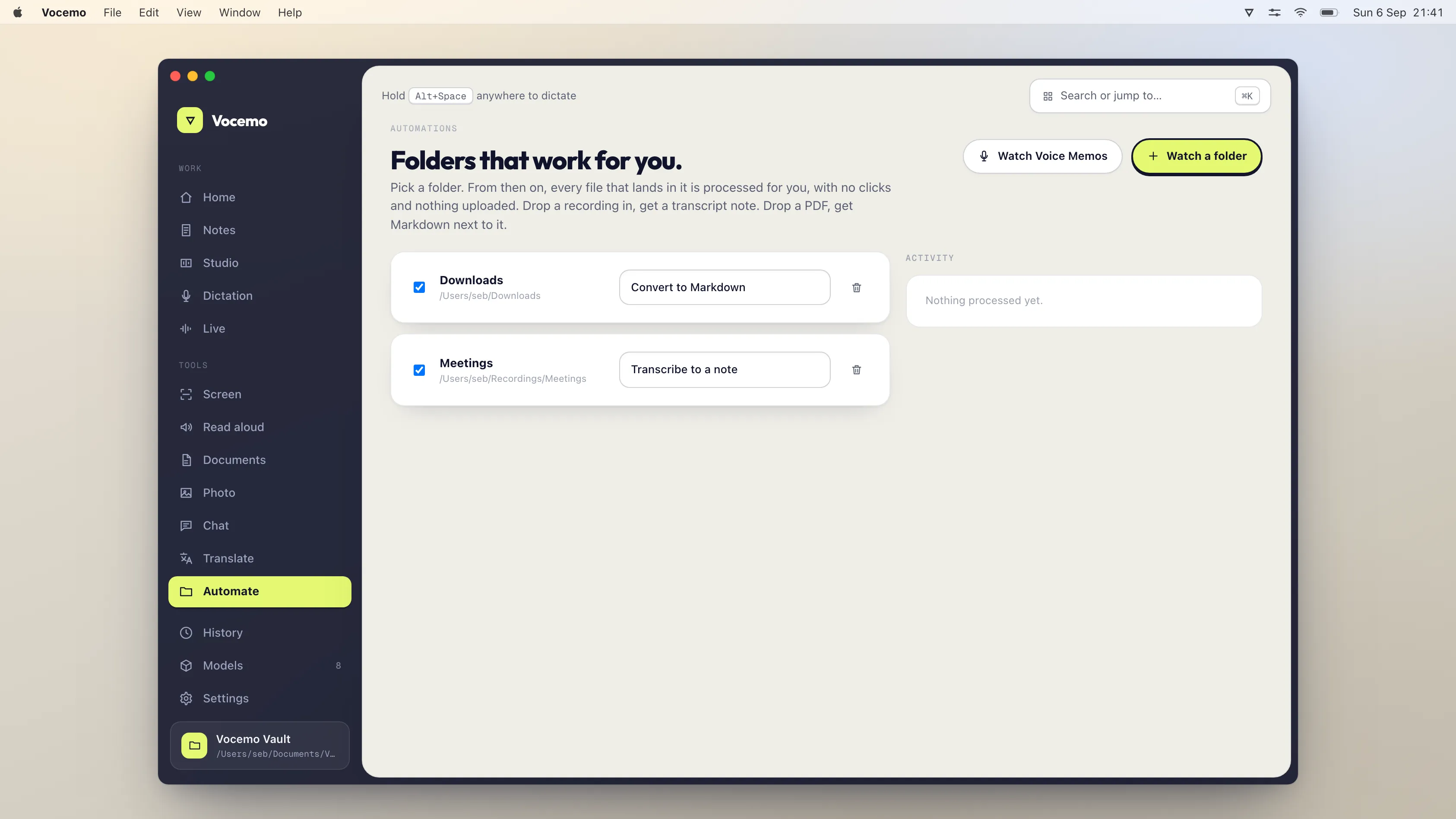 The Automate view in Vocemo on macOS, showing folder rules that run on their own