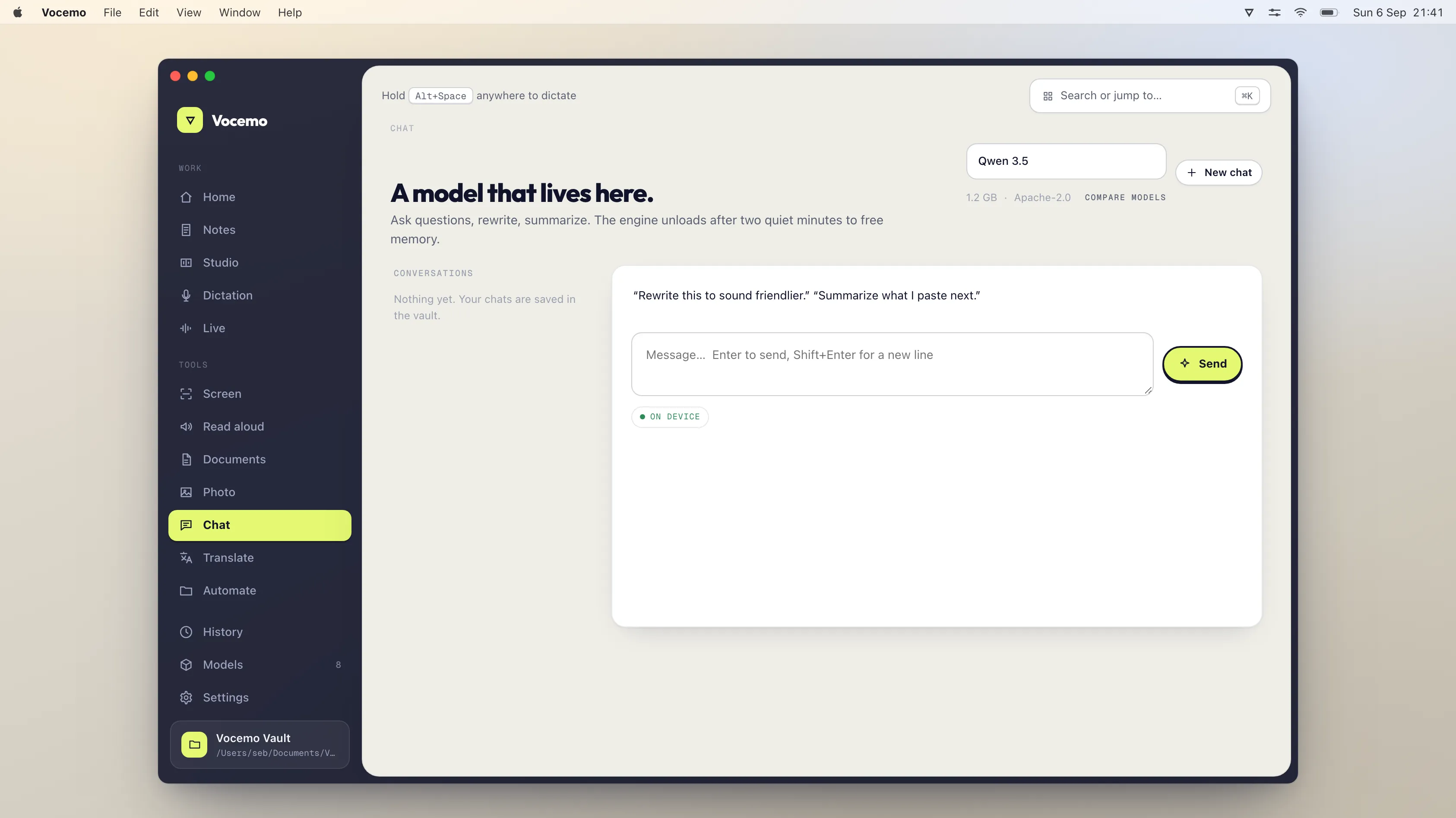 The Chat view in Vocemo on macOS, answering from a model running on the machine
