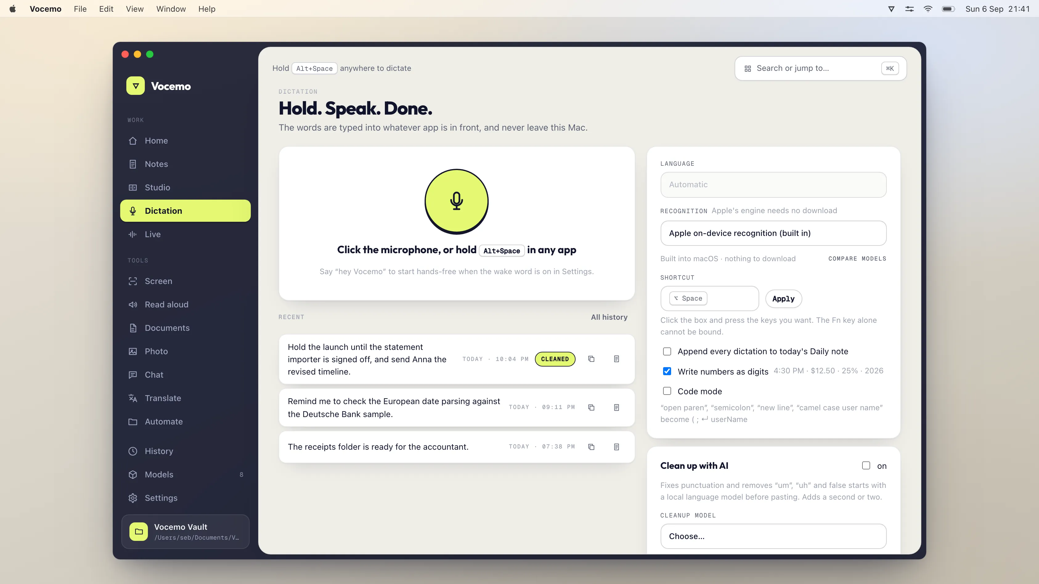 The Dictation view in Vocemo on macOS, showing the hold-to-talk key and recent dictations