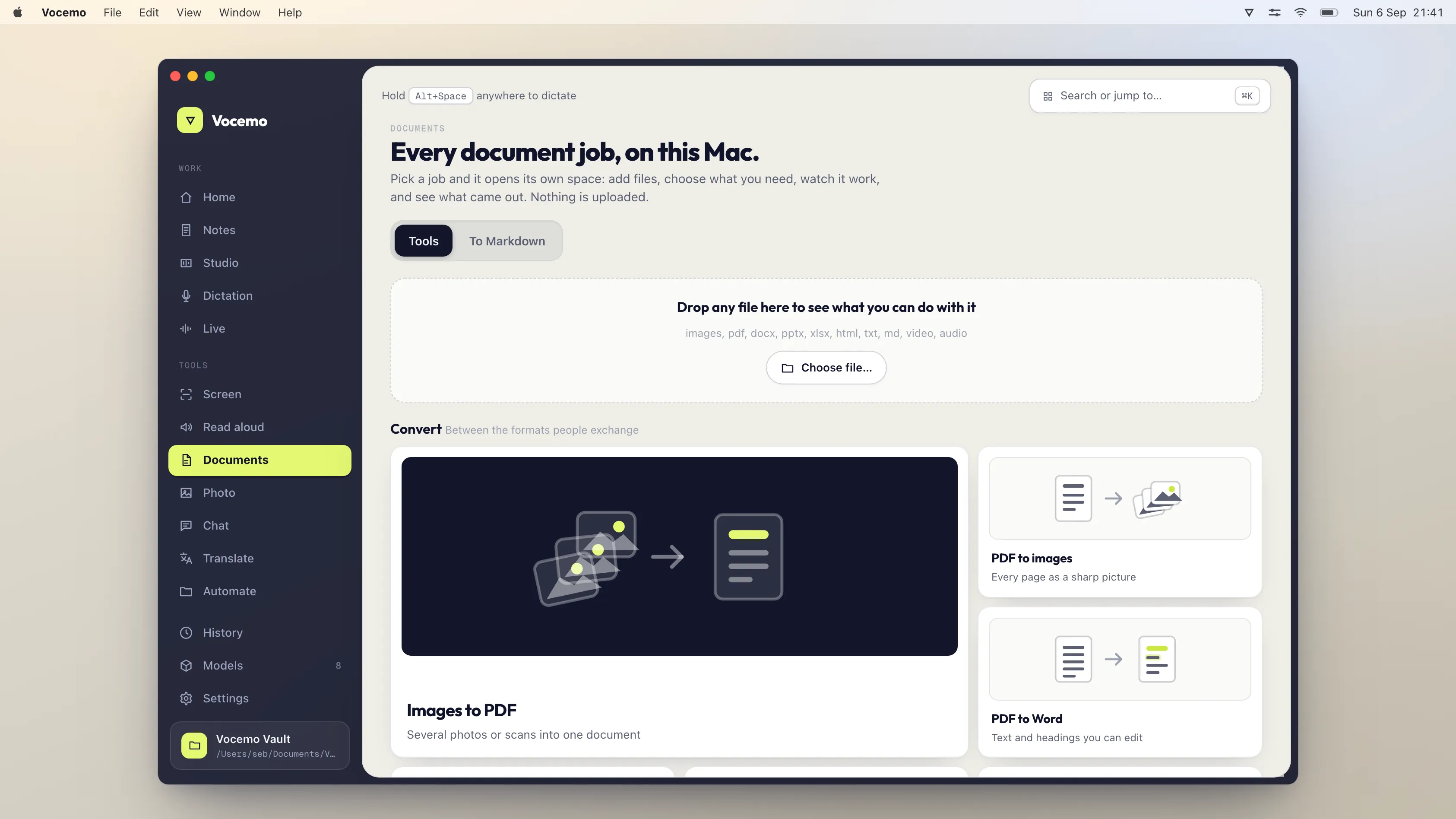 The Documents view in Vocemo on macOS, showing document jobs like PDF to Word and images to PDF