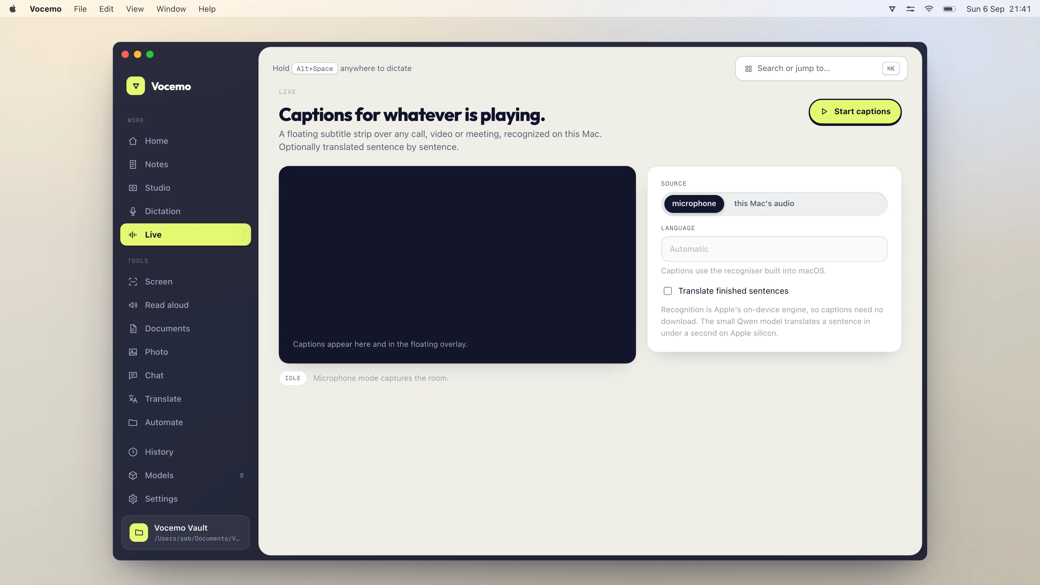 Live captions in Vocemo on macOS, generated on the machine as audio plays