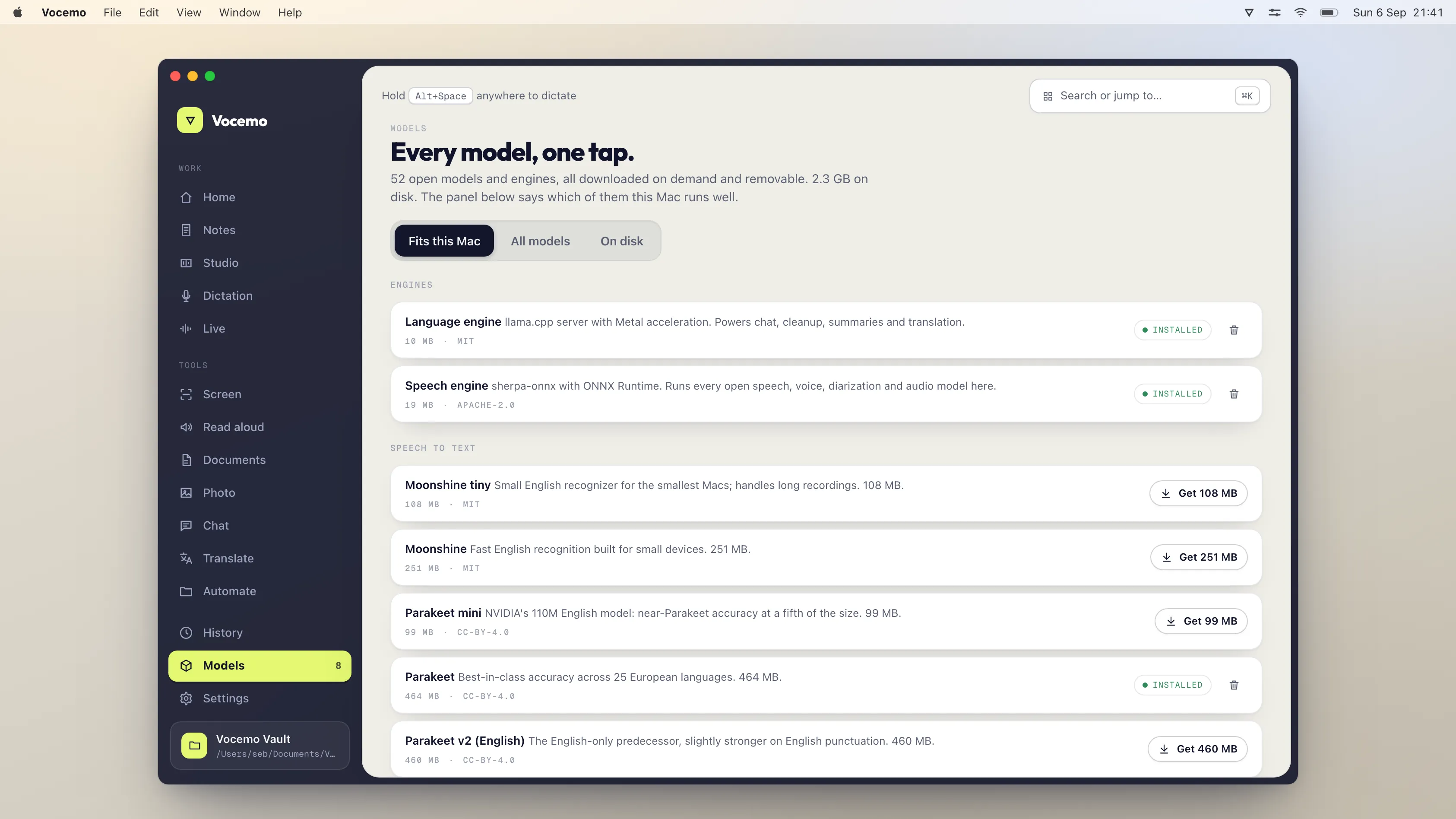 The Models view in Vocemo on macOS, showing which model packs are on disk