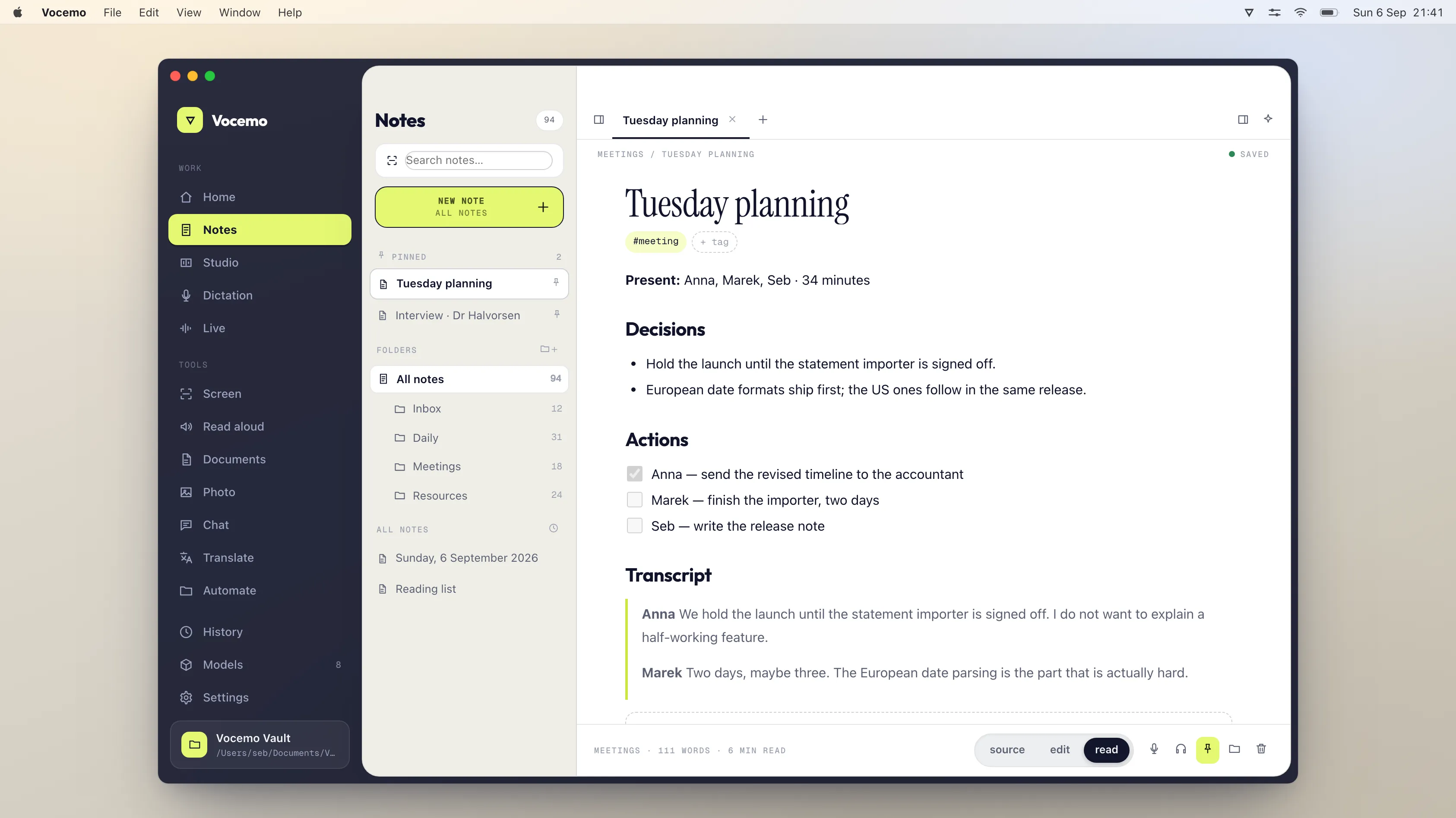 A meeting note open in Vocemo on macOS, showing decisions, actions and a speaker-labelled transcript