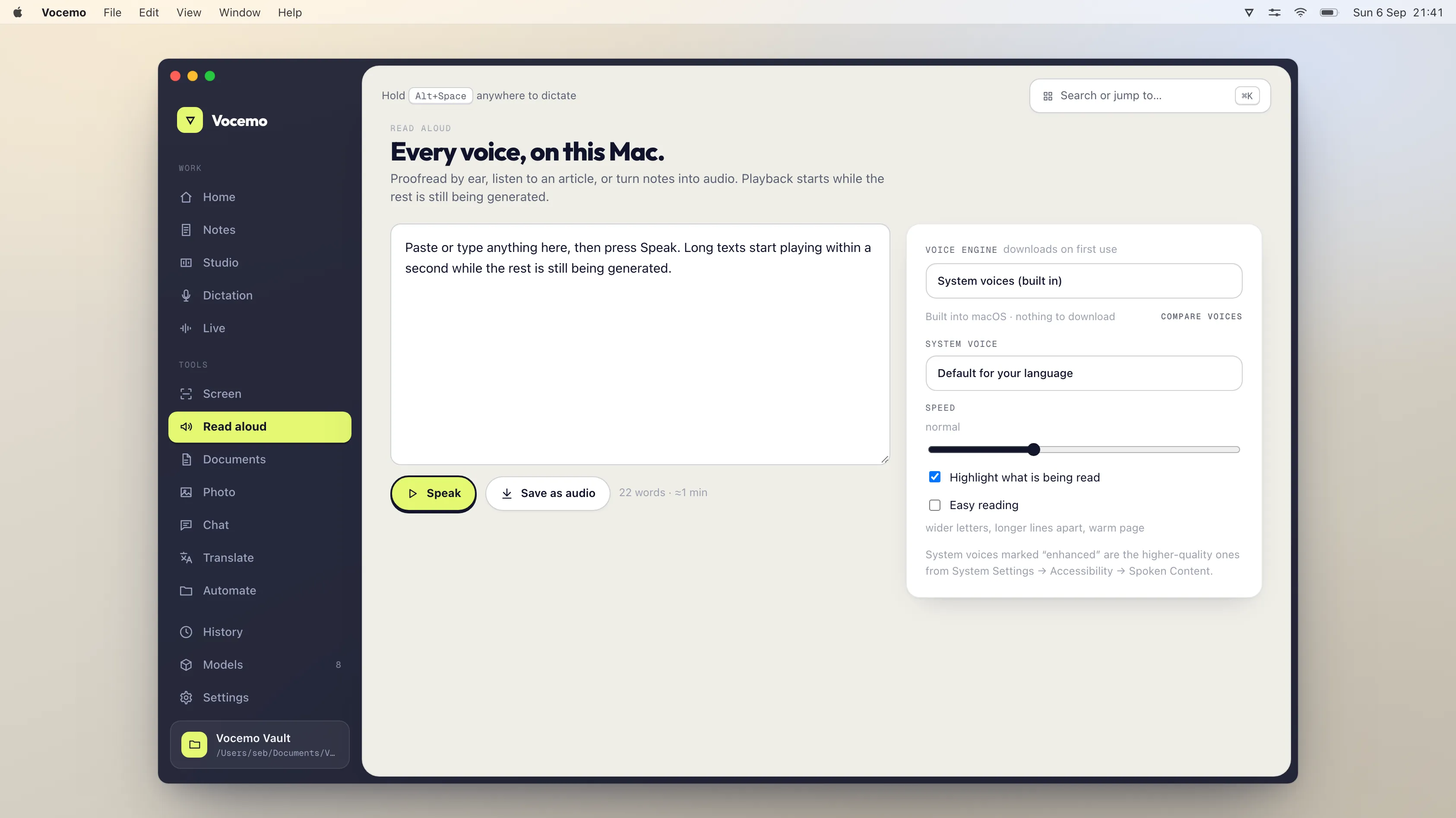 The Read aloud view in Vocemo on macOS, using voices installed on the Mac