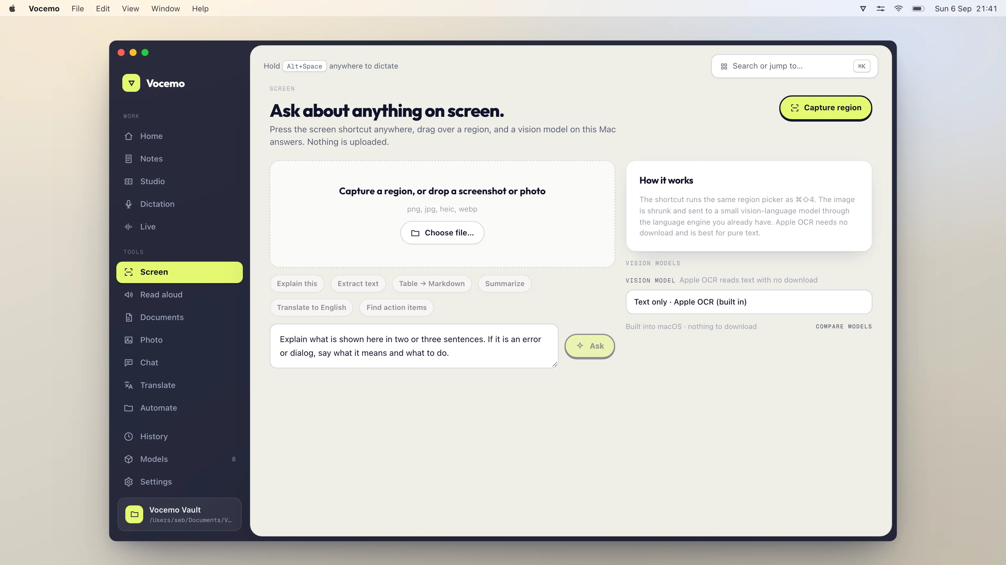 The Screen view in Vocemo on macOS, for recording a region or lifting text out of it