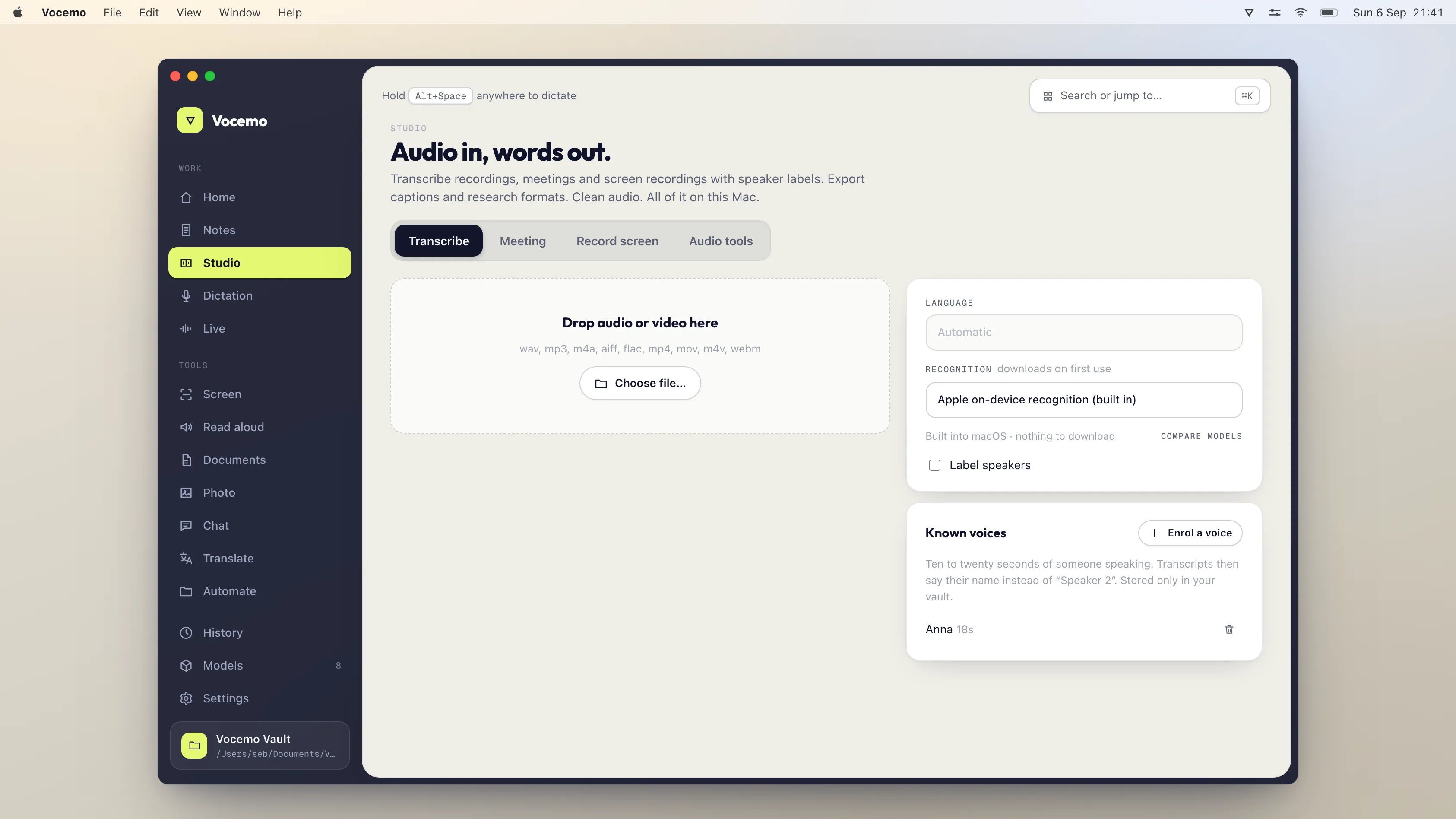 The Studio view in Vocemo on macOS, where recordings and meetings are turned into text