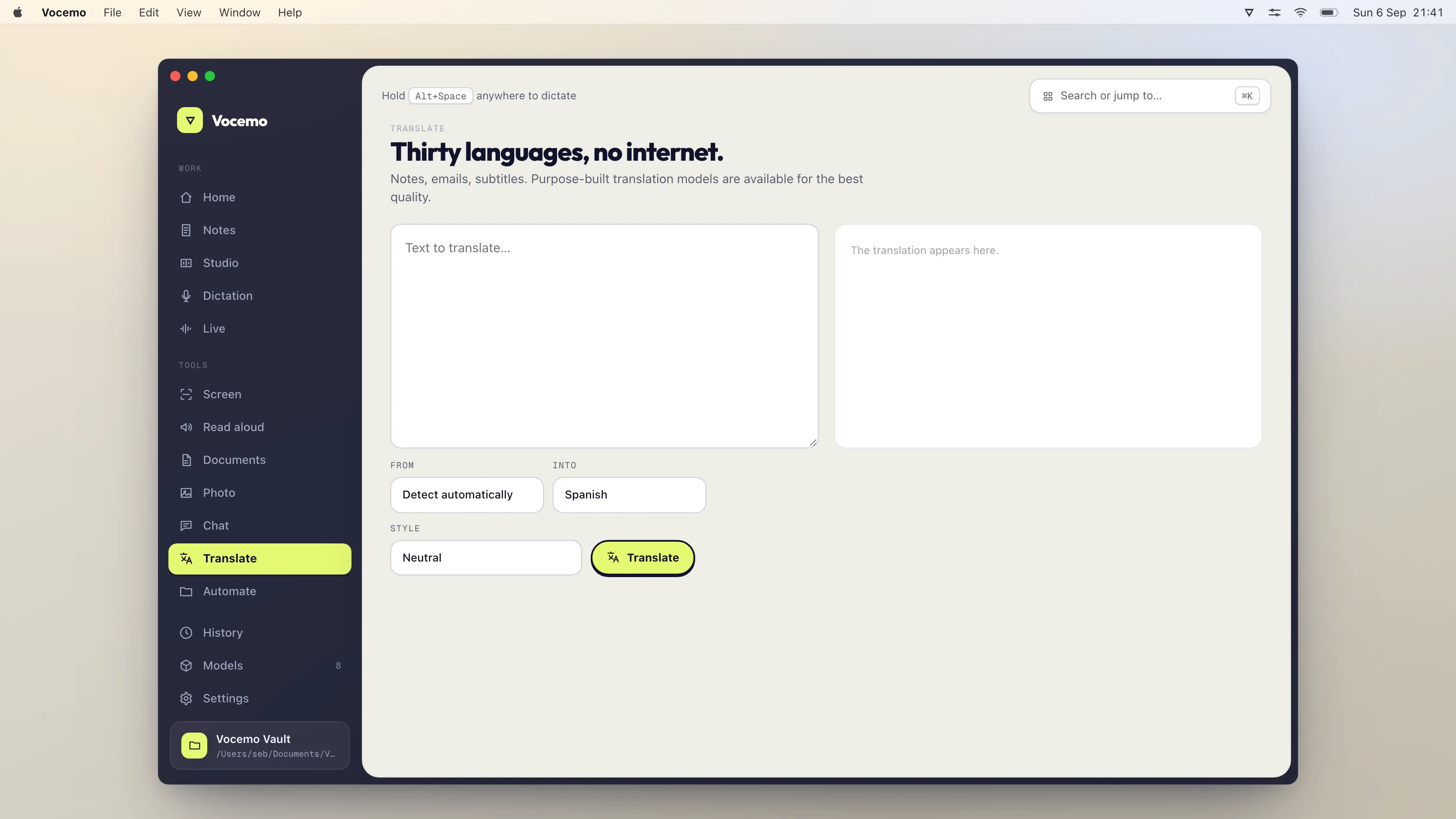 The Translate view in Vocemo on macOS, translating text with no network connection